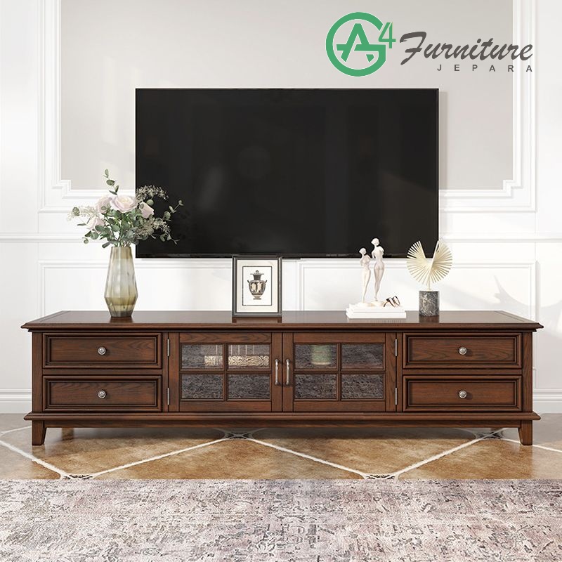 Meja TV Antik Minimialis Modern 4 Laci Warna Natural - Kayu Jati