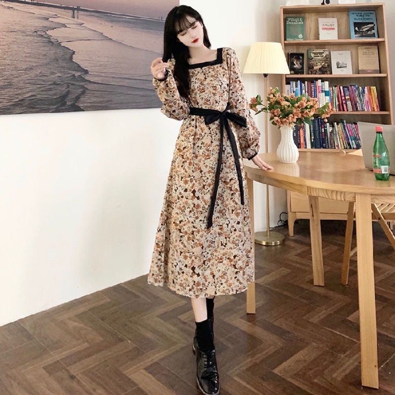 Dress Maxi Warna Coklat Motif Bunga Tangan Panjang l Dress ala Korea