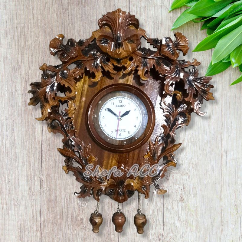 Jam Dinding Besar Ukir Kayu Jati Motif Mawar