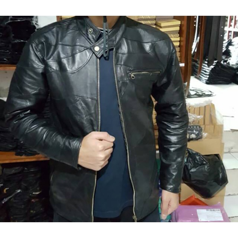 Jaket  Kulit Domba Pria Motor Touring Premium Model Motif Sambung