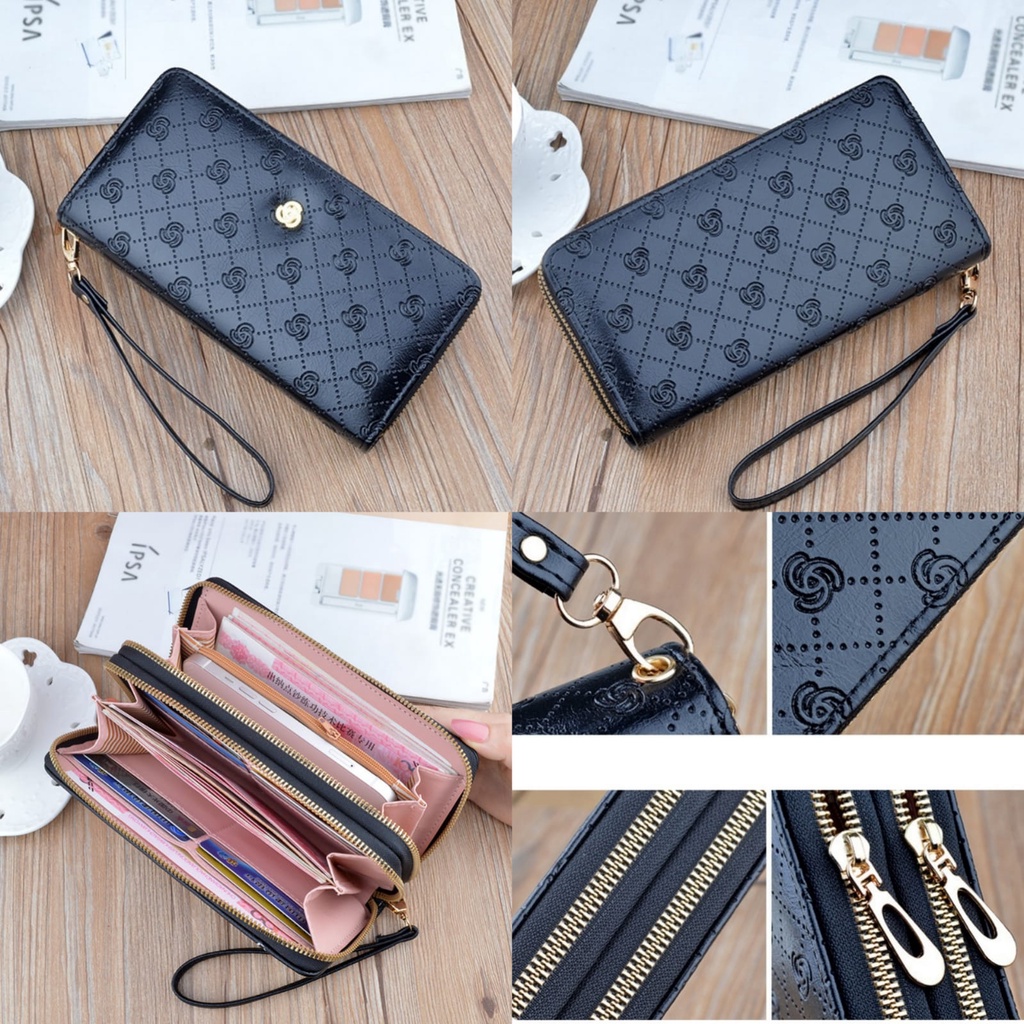 DOMPET PANJANG WANITA IMPORT 2 RESLETING KULIT HITAM JAELINA WA625B5 MUAT HP BRANDED PREMIUM TALI PENDEK REMAJA KEKINIAN KARTU UANG KOIN KOREA FASHION BATAM CASUAL SIMPLE