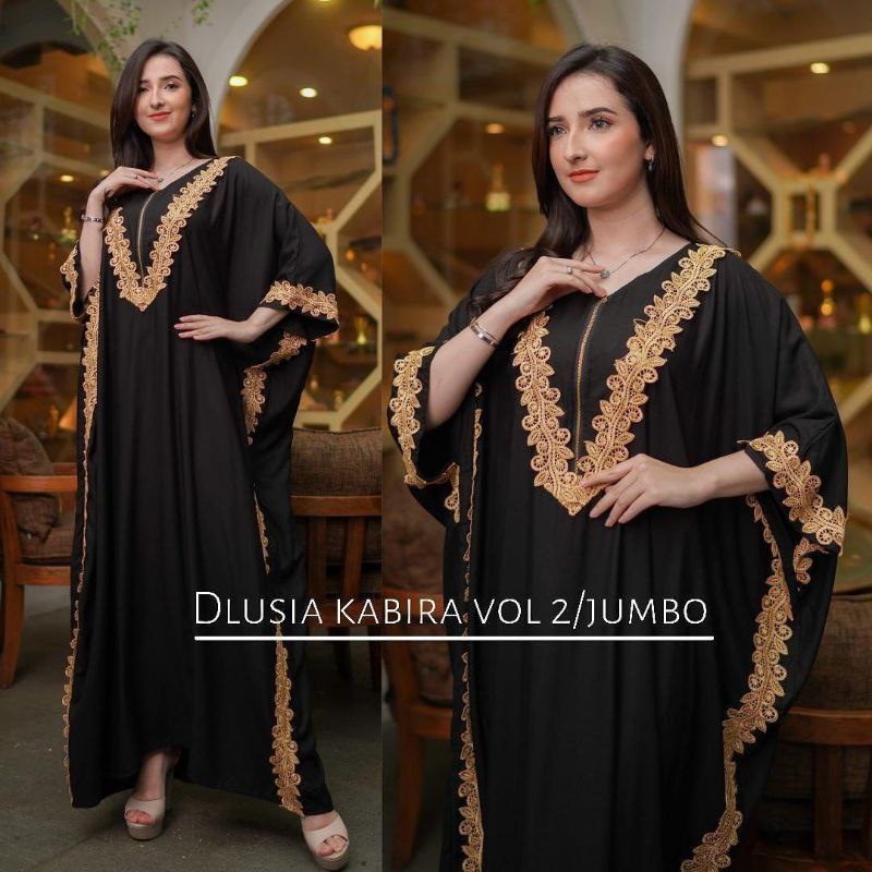 Dlusia Kabira Kaftan Renda Rayon Premium Gamis Arabian Lace Baju Muslim Bigsize Polos Kekinian LD 140 cm