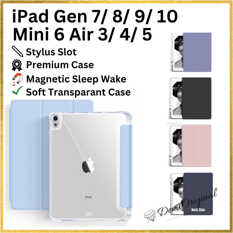 iPad Smart Soft Clear Magnetic Trifold Case Gen 7 / 8 / 9 / 10 Air 3 / 4 / 5 Mini 6 Premium High Quality with Stylus Pencil Holder Automatic Wake Sleep Function Ringan Lightweight