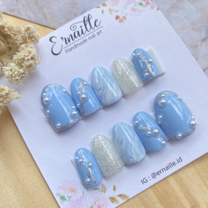 Press on nails ocean blue | wedding nail art | fake nails | kuku palsu biru