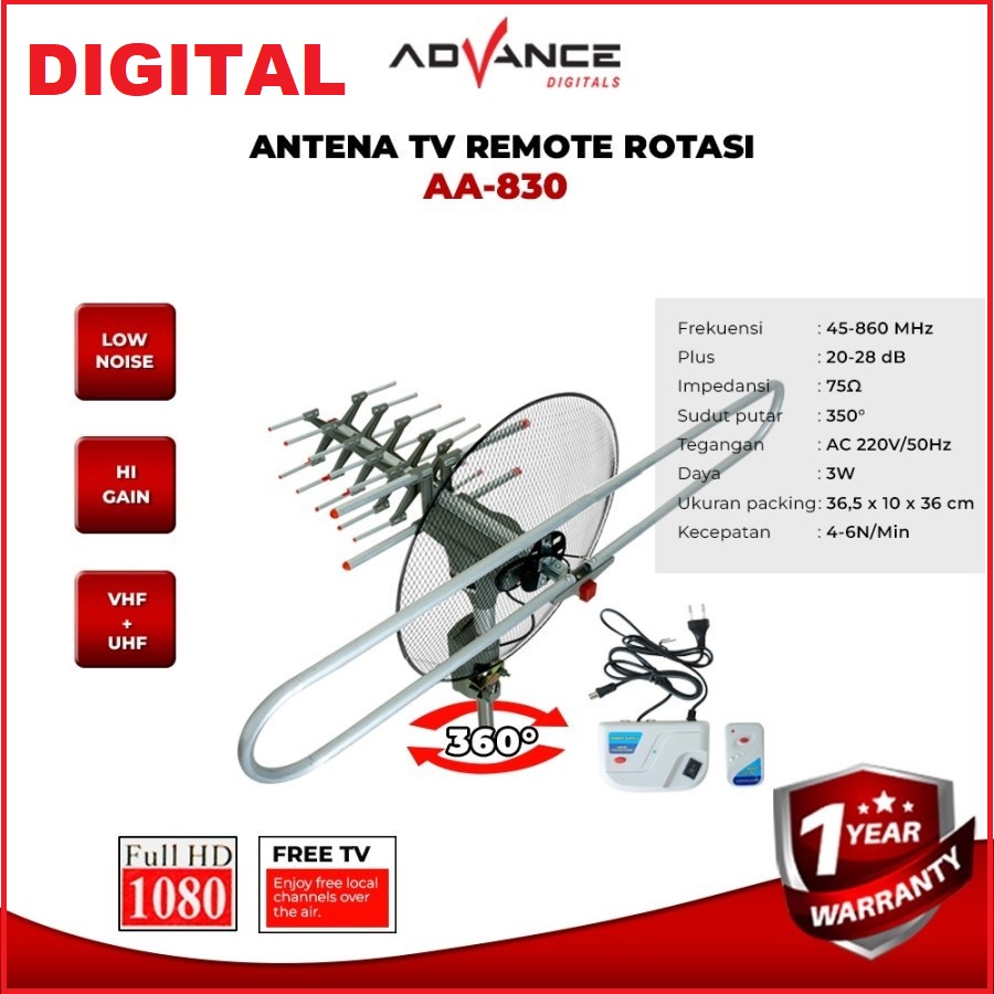 Antena TV Digital Advance AA-830 / Antena Remote Digital | Antena TV Remot Advance AA 830 Model Parabola Full HD rotasi 360° plus Booster , remot | Antena TV Outdoor Advance Antenna Remote AA-830 | FMS