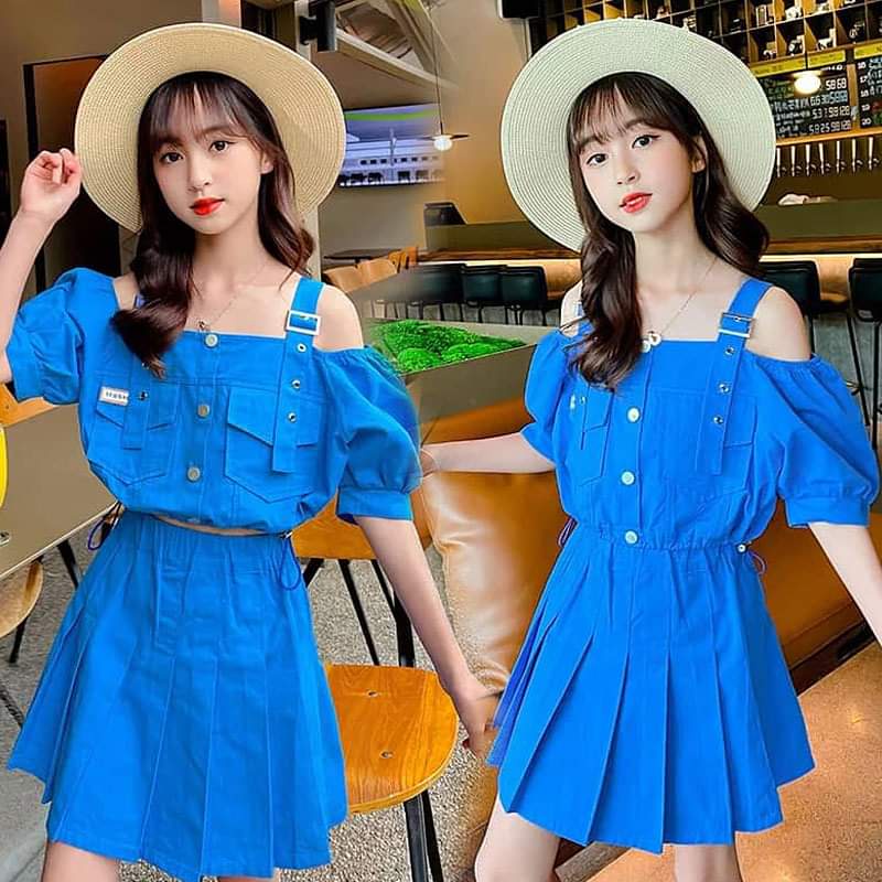 Baju Setelan Anak Perempuan Warna Biru Girlset Anak Model Sabrina Blue Impor