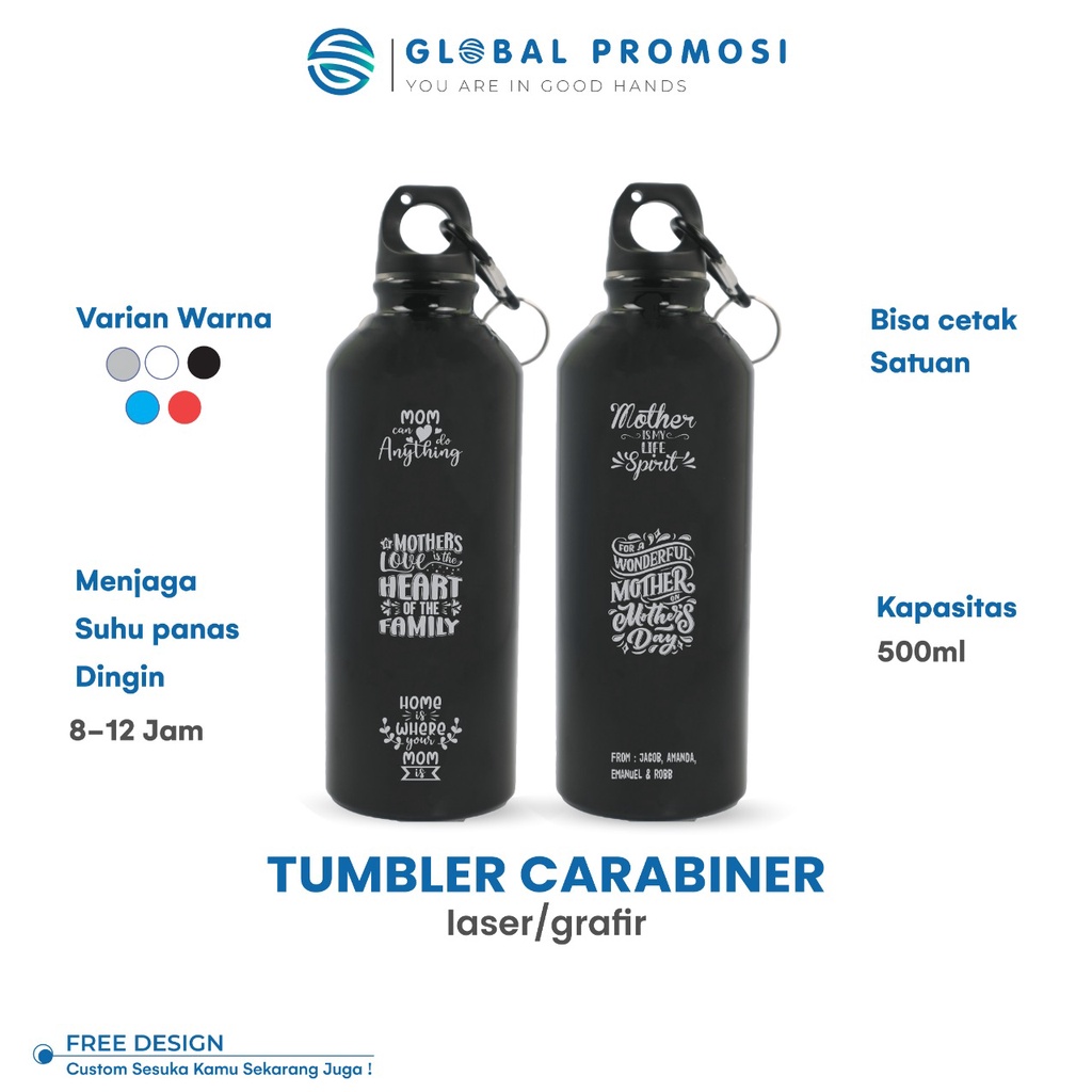 Custom Tumbler Botol Minum Sport Sepeda Carabiner 500ml Souvenir/Event Laser Grafir Nama Logo Karakter