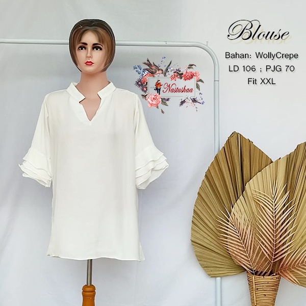 Blouse Korea V-Neck Atasan Kantor Tangan Lonceng Tumpuk 3/4 Formal Top Blus Casual Broken White Kekinian