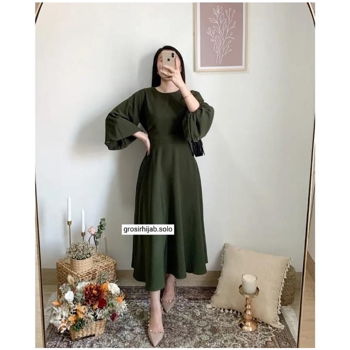 (DBY) GAMIS MIDI REBECCA DRESS LENGAN BALON ATASAN WANITA CRINCLE AIRFLOW