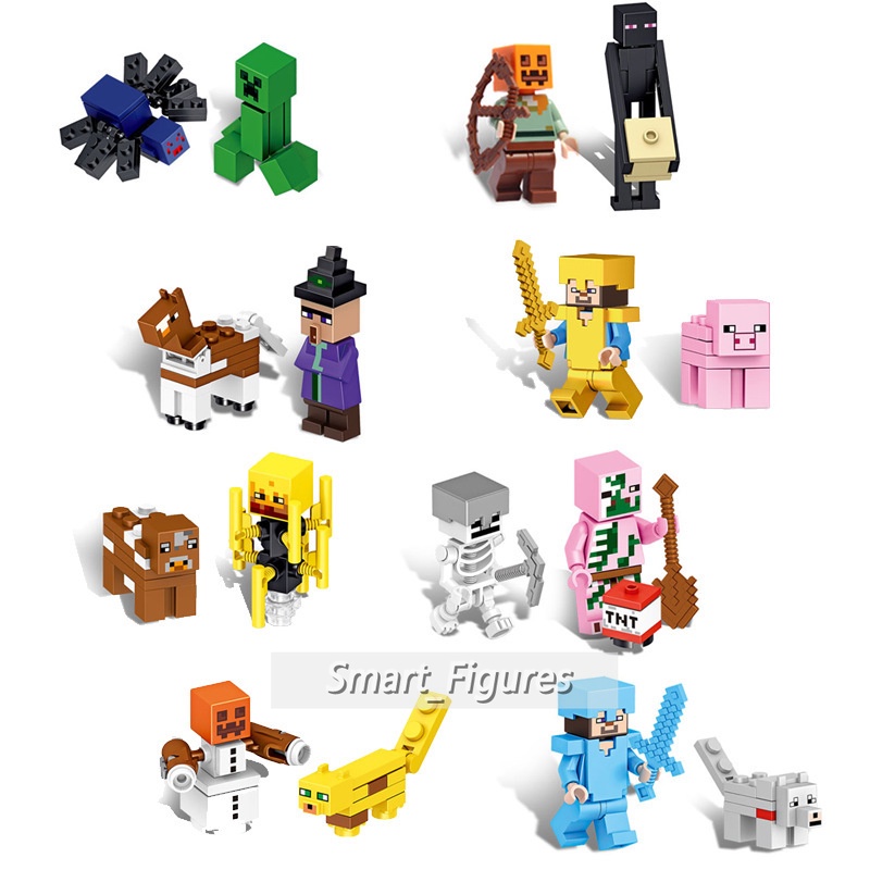 Mc Minifigures Mainan Hadiah 16jenis Angka Mini Besi Golem Steve Merayap Enderman Zombie Desa Kerangka Penyihir