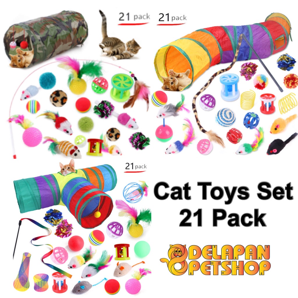 Cat Toys Set isi 21 pcs Mainan Kucing Lengkap dengan Cat Tunnel Cat Teaser Bola Lonceng Tikus