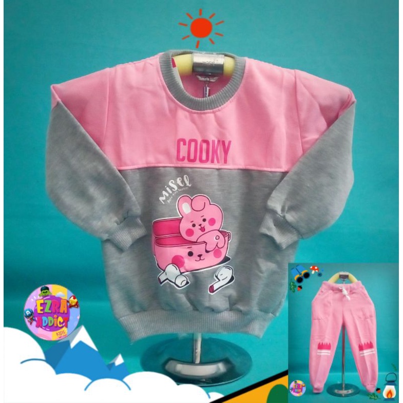 TERMURAH - Umur 1 2 3 4 5 6 tahun - Misel Setelan Sweater Korea Girl BTS BT21 - Pundak Pink Cooky - 