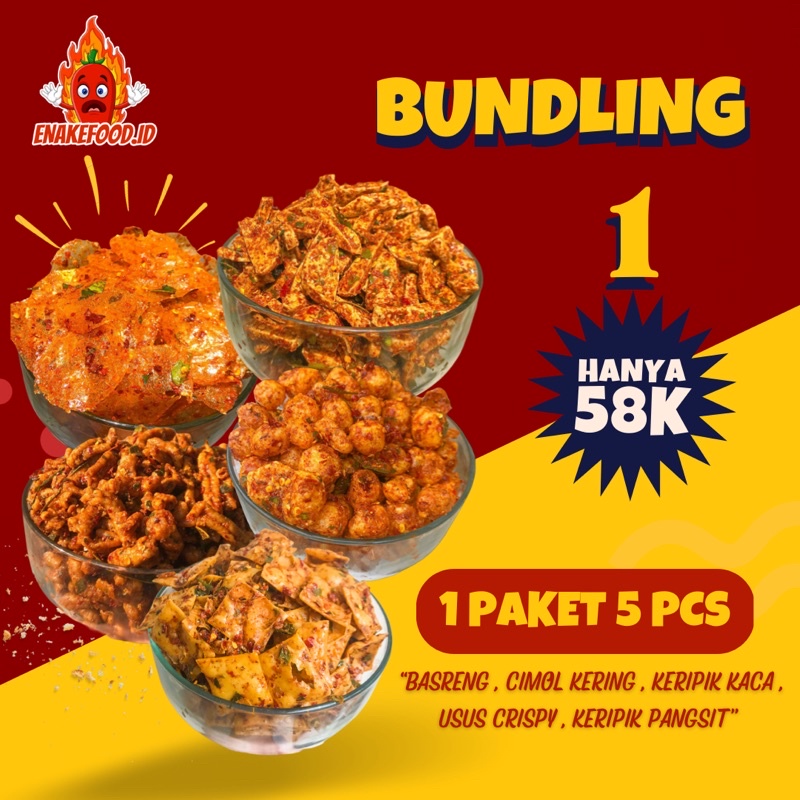 

BUNDLING 1 / PAKET LENGKAP BASRENG, KERIPIK KACA, USUS CRISPY, CIMOL KERING, KERIPIK PANGSIT