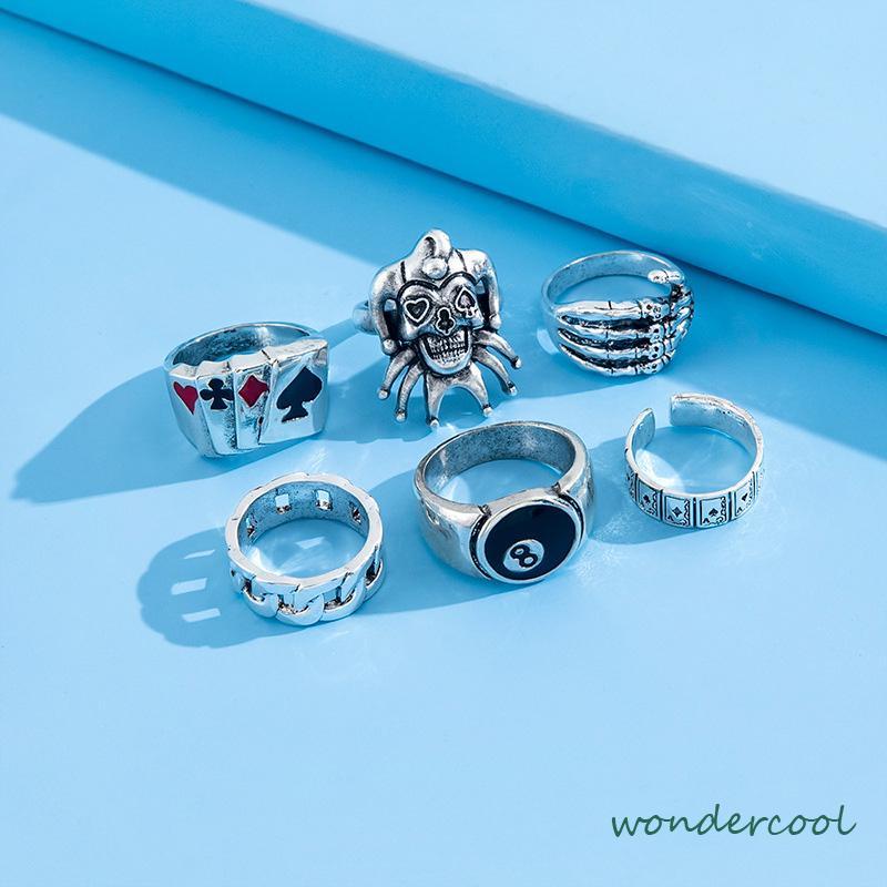 6PCS/Set Cincin Unisex  Punk Membesar-besarkan  Badut Poker Cakar Hantu Tengkorak  Perhiasan Bulat Nomor 8-Won