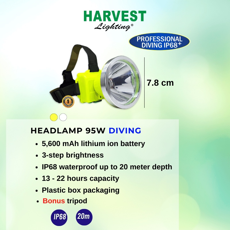 95W - PAKET ISI 6 - Headlamp HARVEST LIGHTINGSenter Kepala LED Professional DIVING IP68 5600 MAH Lampu Emergency Selam Spearfishing Travel Hunting Rechargeable  Original Bergaransi