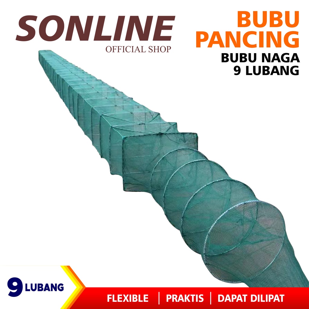 SONLINE Bubu Naga Hijau 3.0 meter / 3.0m Bubu Naga Perangkap Ikan Udang Kepiting Lobster 16 Ruas 9 Lubang