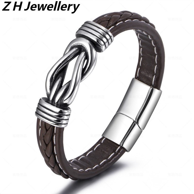 [Z H Perhiasan] Hip Hop Rock Retro Pria Fashion Gelang Kulit Stainless Steel Pesta Perhiasan Aksesoris