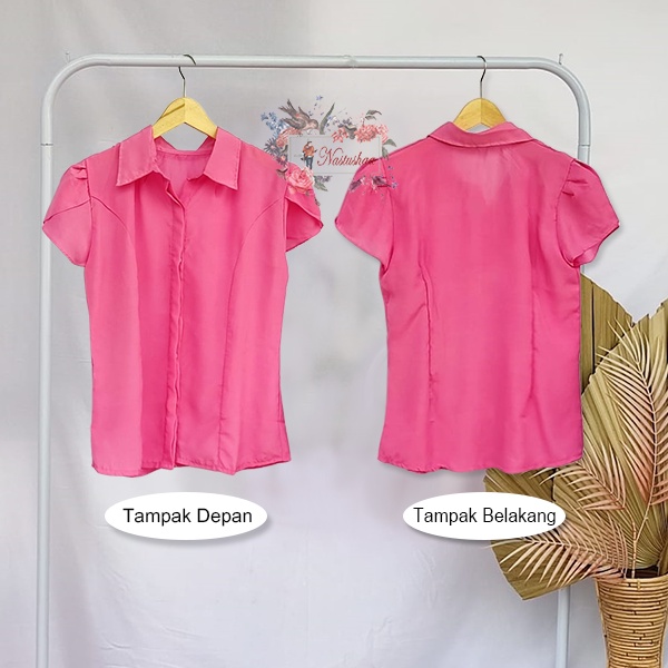 Baju Atasan Kemeja Model Lengan Kelopak Pendek Polos Warna Pink Kerja Kantor Kuliah Fashion Cewek Wanita Murah Blouse Lengan Tulip Korean Style