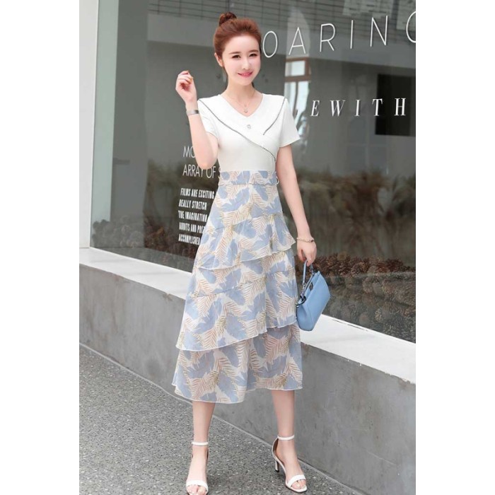 dress wanita putih bawahan motif lucu sifon Korea lengan pendek elega