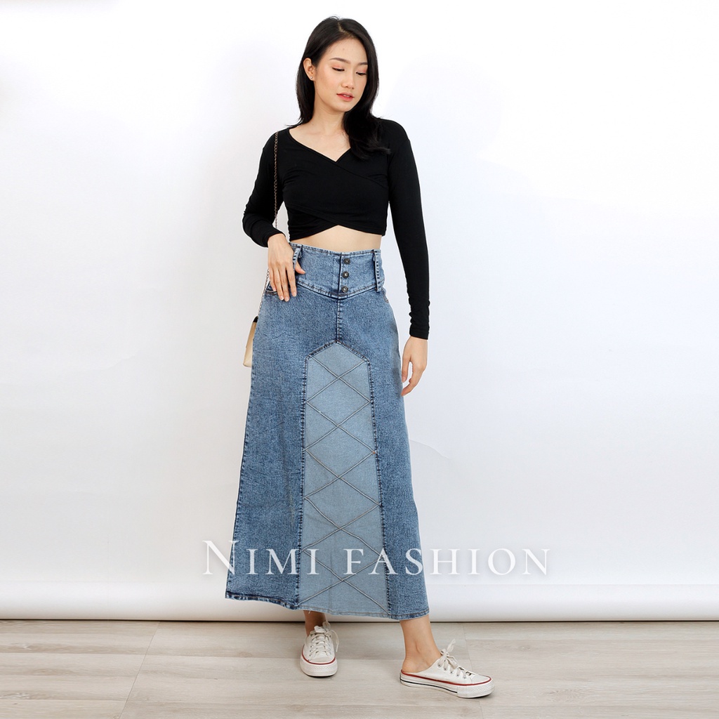 NIMI - Cerys Rok Jeans Stretch Panjang Wanita Rok Jeans Highwaist