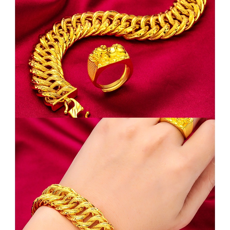 Goldkingdom Perhiasan Fashion Emas Asli Kadar 375 Bangkok Aksesoris Ready Stock Baru Berlapis Emas PI Xiu Gelang Cincin Pria Berani Gelang Set