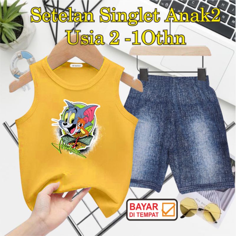 ((IB))SETELAN SINGLET ANAK SEMI JEANS/T0M&amp;JERRY DIGITAL SABLON