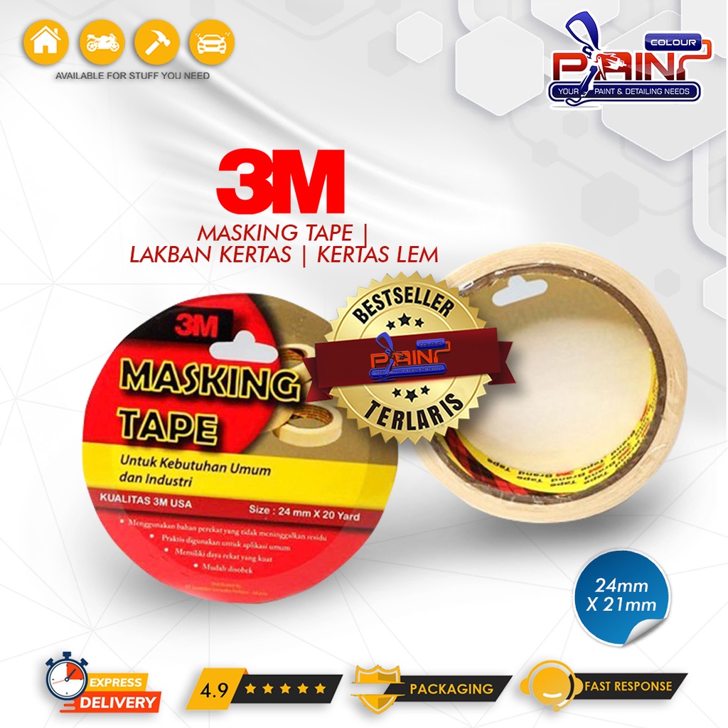 Masking Tape | Lakban Kertas | Kertas lem 3M 24mm x 21 yard (18 Meter)