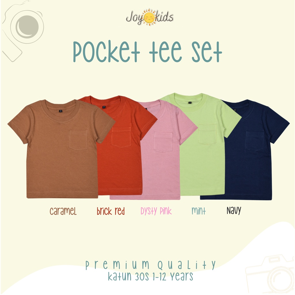 Joy Kids Kaos Oblong Anak anak Laki laki Perempuan Pocket Tee Cotton Premium 1-12 Tahun Warna Terbaru