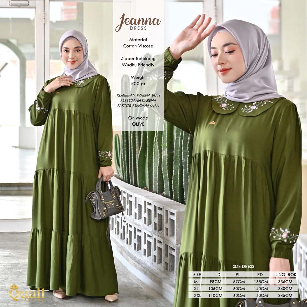 Jeanna Dress Original Quail Hijab Wanita Katun Viscose Wudhu Friendly Gamis Quail