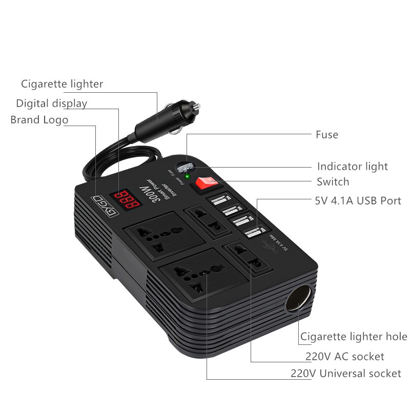BYGD Car Power Inverter DC 12V to AC 220V 300W 4 USB Port - E8982 - Black - 7RCI0PBK