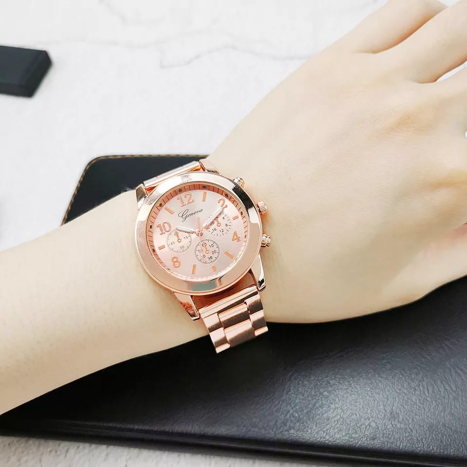 Jam Tangan Wanita Fashion Terbaru Keren Murah Anti Air Strap Rante Stainless Steel Original Import Mewah GENEVA RG 29 Model Simple Elegant Waterresistant (FREE BOX)