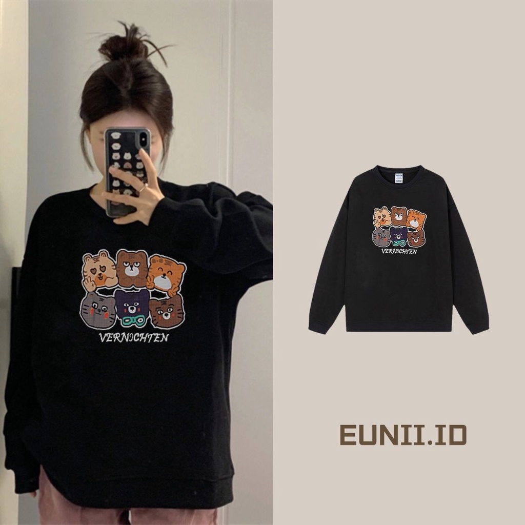 EUNII Sweater Lengan Panjang Cartoon Cats Korean Style/Hoodie Oversize/Baju Wanita/Switer Wanita