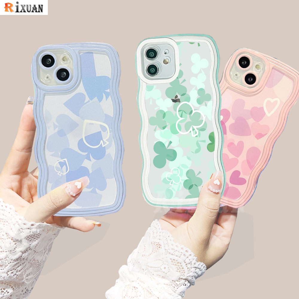 Oppo A17 A77S A57 2022 A16 A16K A95 A55 A96 A76 A12 A1K A5s A15 A54 A7 A53 A3s A31 A92 F9 F11 Reno5F Case Peach Love Hati Bunga Empat Daun Clover Wavy Edge TPU Soft Cover RIXUAN