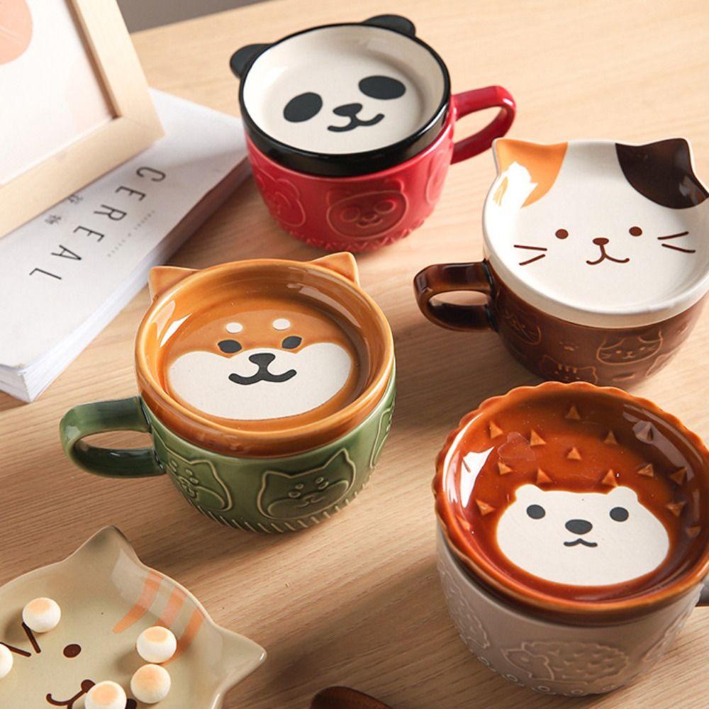 Lanfy Mug Kopi Alpaca Panda Dengan Tutup Keramik Novelty Hewan Lucu Perlengkapan Minum