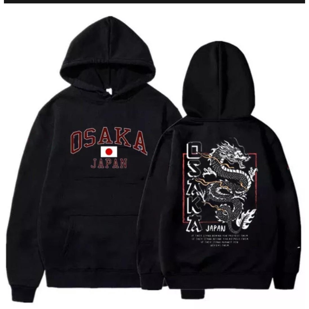 Sweater Hoodie Osaka Japan Hitam Bahan Fleece Tebal Gramasi 280 - Jaket Hoodie Pria Wanita Osaka Japan Motip Pullprint Premium Unisex