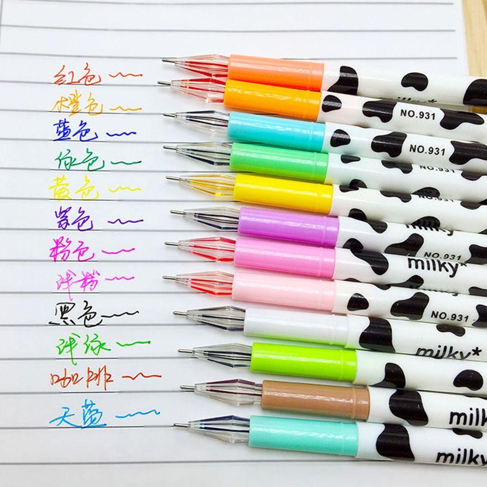 Populer 12warna/Set Gel Pen Alat Tulis Pola Sapi Siswa Hadiah Pena Tip Berlian