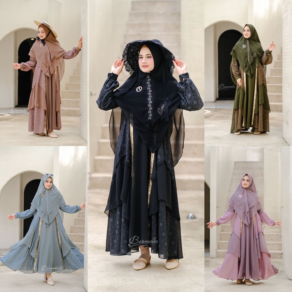 Gamis set khimar Ceruty babydoll Afifah Lolita Salma Zalika Ori Bermerks motif bunga printing syari full puring Seruti ultimate Ceruti polos