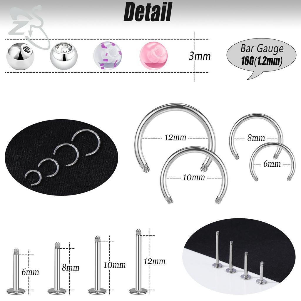 1set Campuran Stainless Steel Perhiasan Pengganti Aksesoris Lot Bola Akrilik Hidung Telinga Tindik Alis Lidah Bibir Punggawa