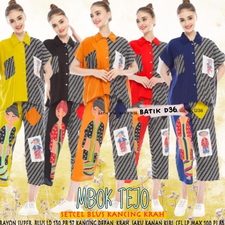 Viral Semerbak Setelan Celana Blus Rayon Halus Kancing Krah Saku Mbok Tejo Jumbo kombinasi batik kar