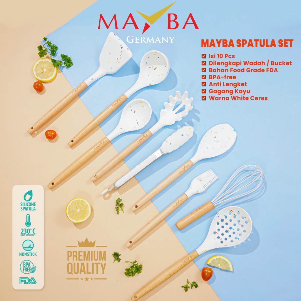 MAYBA Spatula Set 10pcs Putih Ceres Silikon Tebal - Sutil Dapur set white estetik - Spatula Set