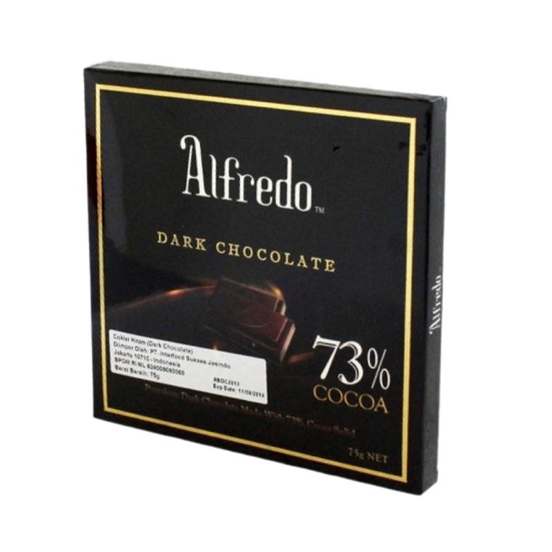 

Alfredo Dark chocolate 73% 75gr / Cokelat / Coklat / Alfredo / Dark / chocolate / 73% / 75gr / Hitam / cacao / import / malaysia