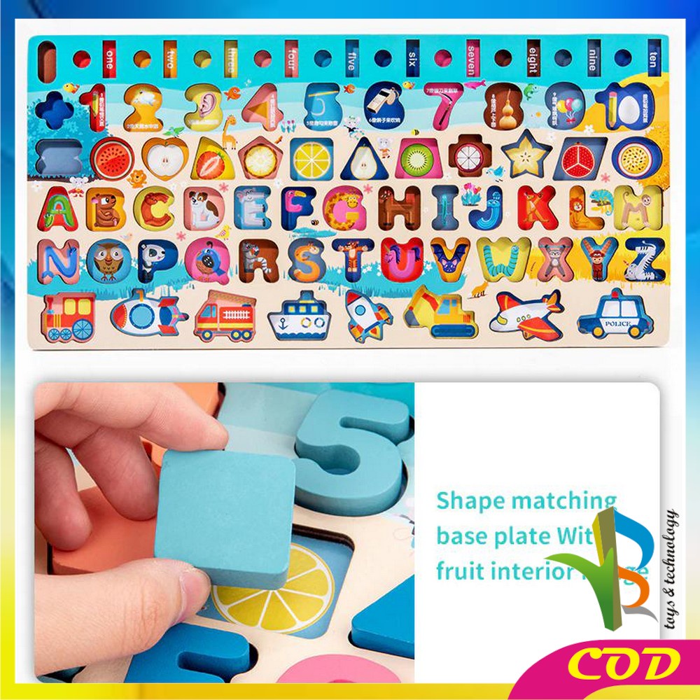 RB-M94 Mainan Edukasi 7in1 Puzzle Kayu Anak Huruf dan Angka Pancing Ikan Montessori Wooden Toys