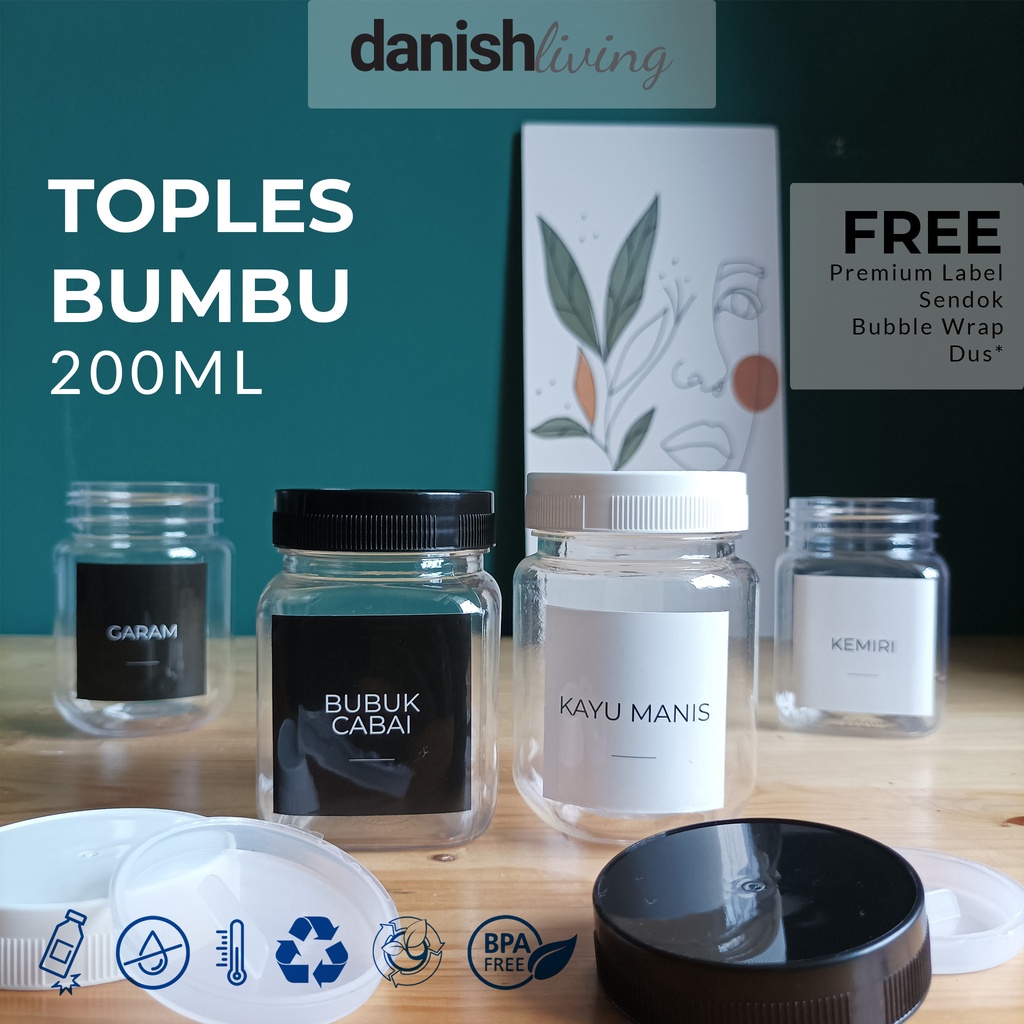 Toples Tempat Bumbu Dapur Set 200ml Aesthetic Free Label Sticker Sendok Minimalis Putih Hitam Esteti