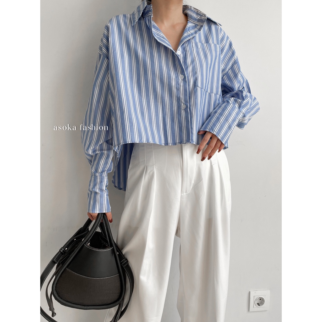 ASOKA  Theresa Shirt 2156 - Stripe Shirt Kemeja Crop Wanita - Kemeja Katun Salur Garis - Kemeja Oversize