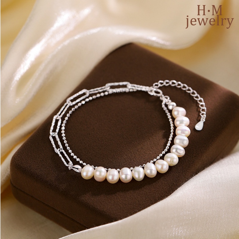 Cincin Gesper Mutiara Jahitan Gelang Mutiara2022 Baru Elegan Rasa Tinggi Double Layer Manik-Manik Bulat String of Beads Bracelet