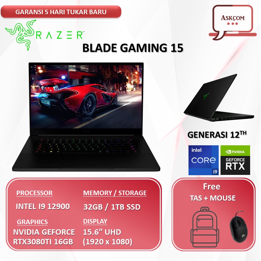 Laptop Gaming Razer Blade ADVANCE 15 4K UHD RTX3080TI 16GB/ I9 12900 RAM 32GB 1TB SSD 15.6 W11