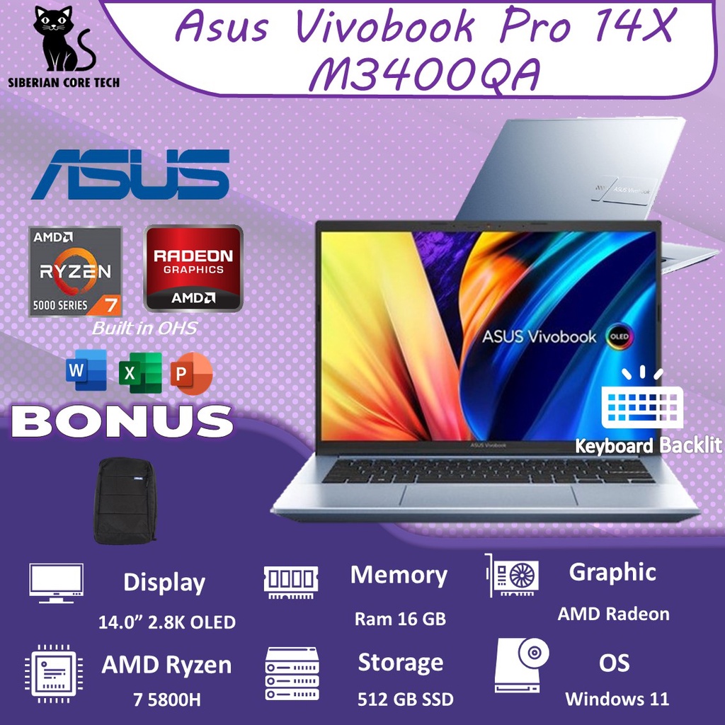 ASUS VIVOBOOK PRO 14X OLED M3400QA OLEDS751 RYZEN 7 5800H 16GB 512SSD VEGA8 W11+OHS 14.0 2.8K