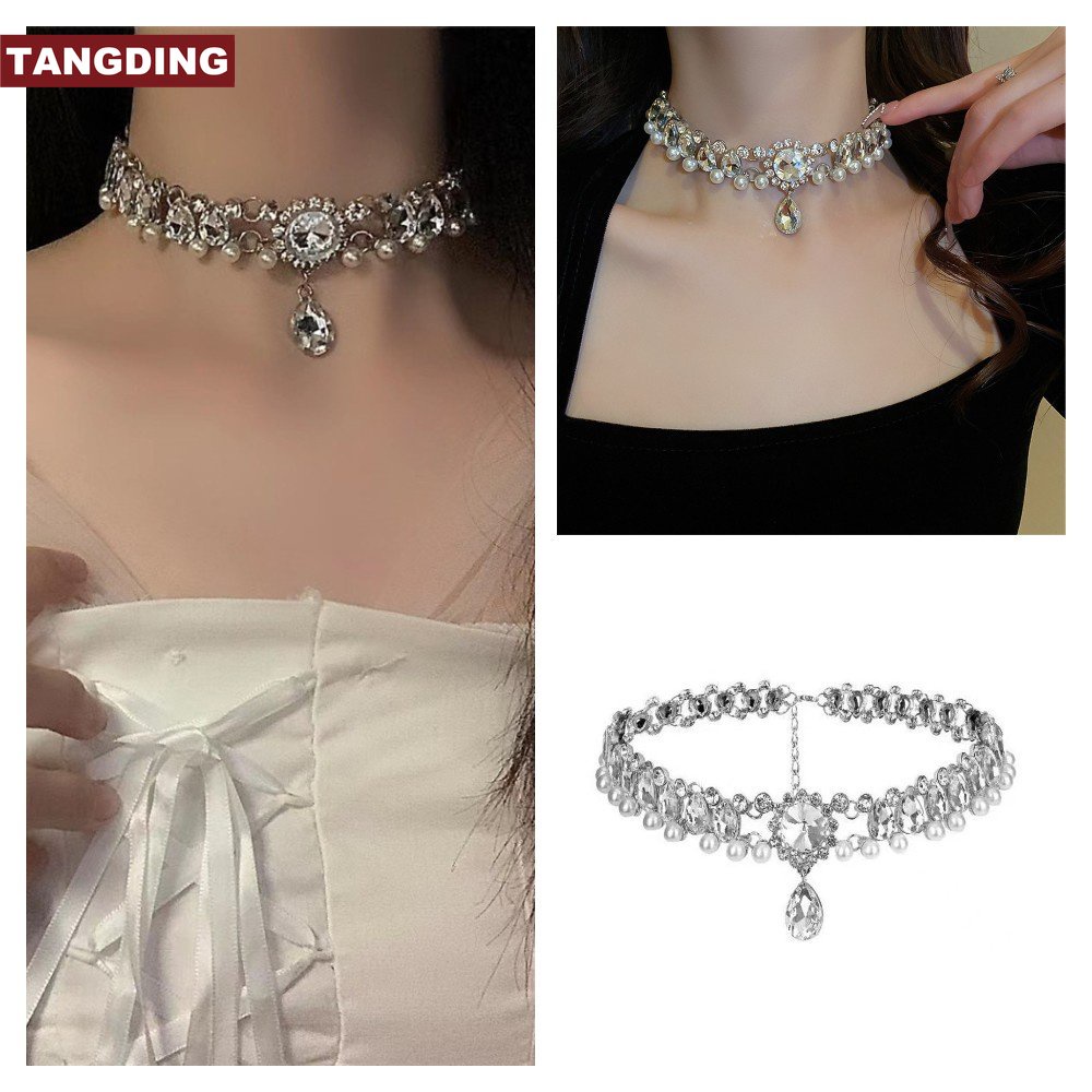 [COD Tangding] Mutiara Elegan Rhinstone Tetesan Air Bunga Kalung Wanita Mewah Choker Klavikula Rantai Perhiasan