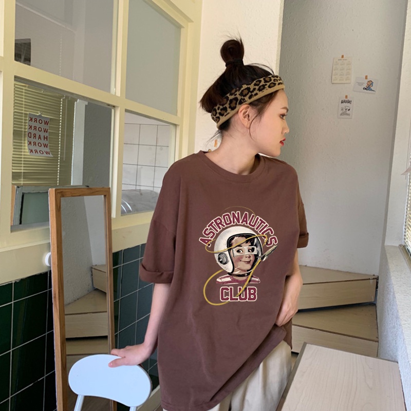 American Vintage Astronaut Letter Pattern printing Overszie T-shirt baju kaos wanita/kaos puith/crewneck