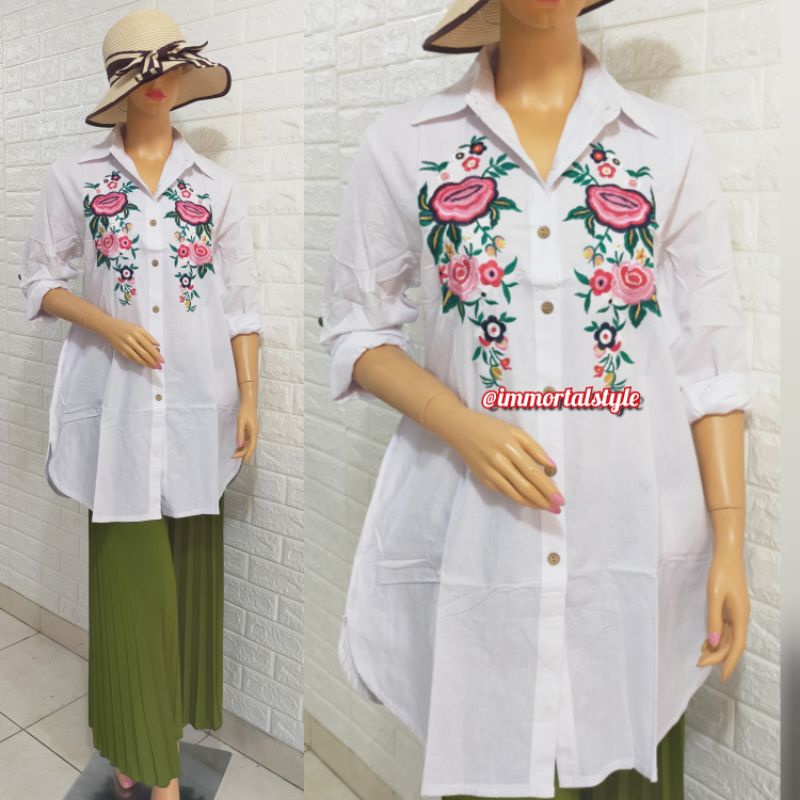 TUNIK BORDIR BUNGA CANTIK KATUN PUTIH HIJAB STYLE MUSLIM LENGAN PANJANG KOREAN STYLE JUMBO BIG SIZE 